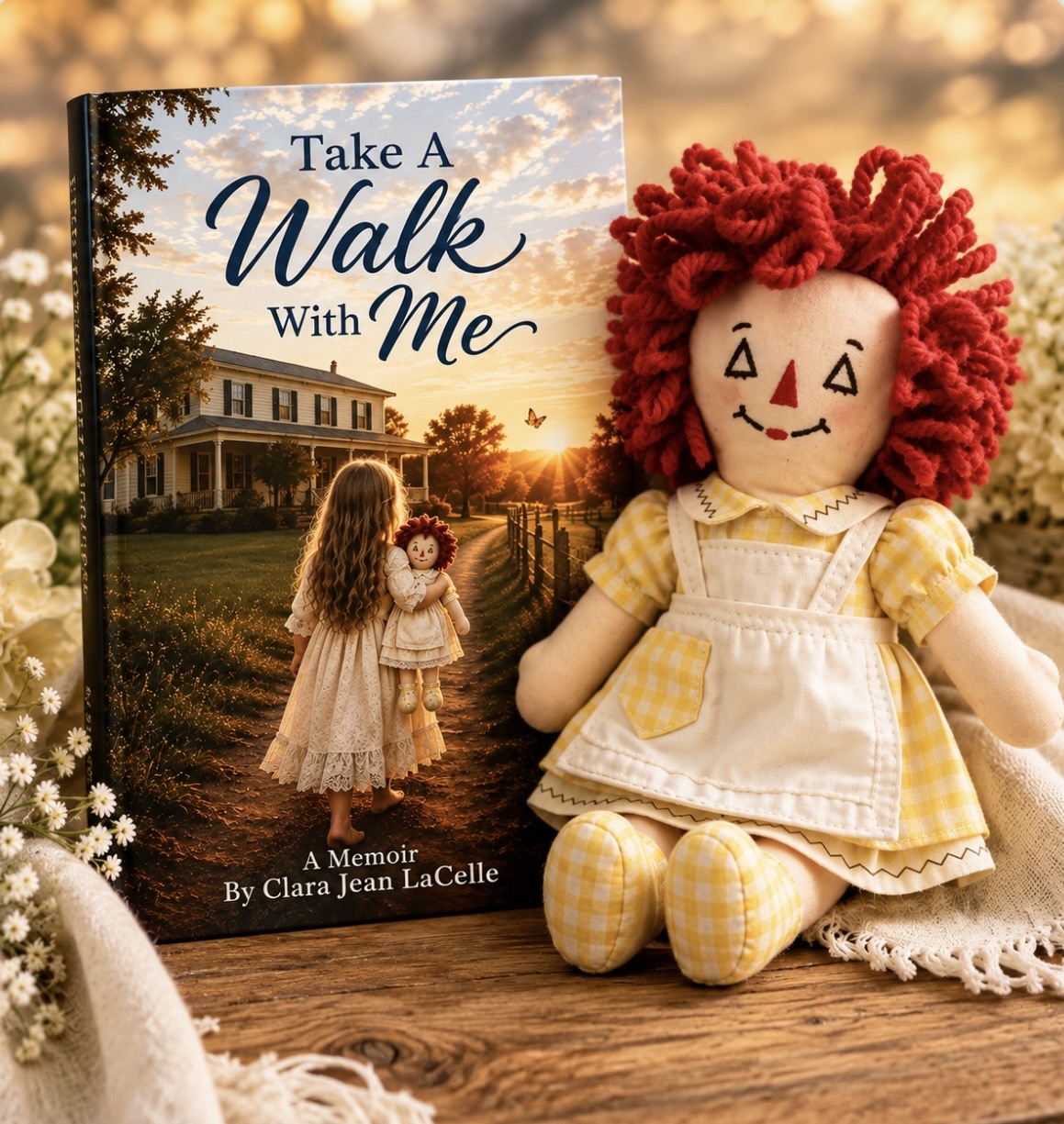 The Clara Jean Doll™ beside the memoir Take A Walk With Me by Clara Jean LaCelle