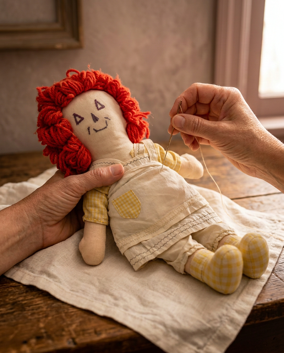 Bonnie's hands tenderly sewing the original Clara Jean Doll™